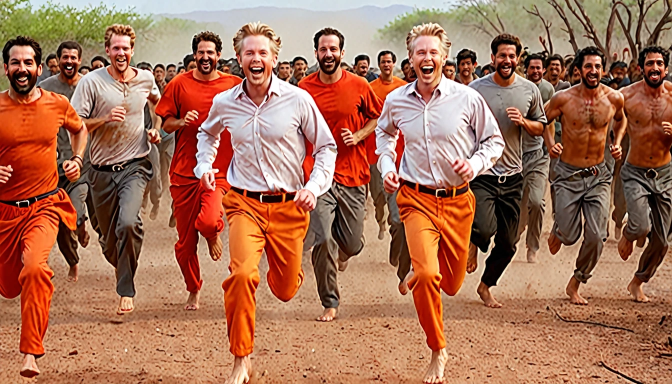 4 white men with chains on their waists connecting each other running, men behind with gray clothes, prominent man in front with opaque orange clothing, detailded, in front of everyone, men smiling, all with shirts, a little torn, barefoot, in hell, Red setting, only 4 men
