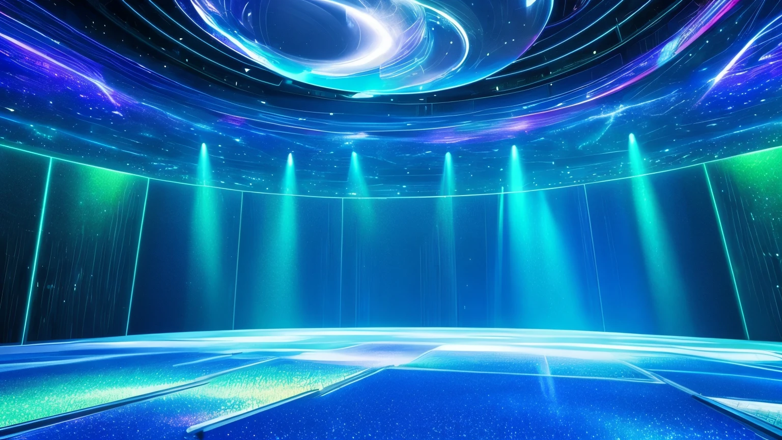 Holographic Landscape: A stage surrounded by clear glass walls, that turn into a vast desert of pixels when the music starts. Holograms of robotic artifacts and futuristic structures emerge from the ground and float in the air, while beams of light pass through space, Creating an ethereal aura.