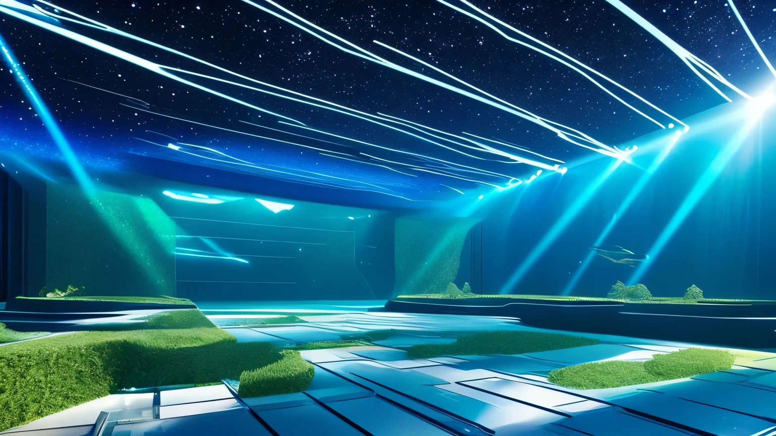 Holographic Landscape: A stage surrounded by clear glass walls, that turn into a vast desert of pixels when the music starts. Holograms of robotic artifacts and futuristic structures emerge from the ground and float in the air, while beams of light pass through space, Creating an ethereal aura.