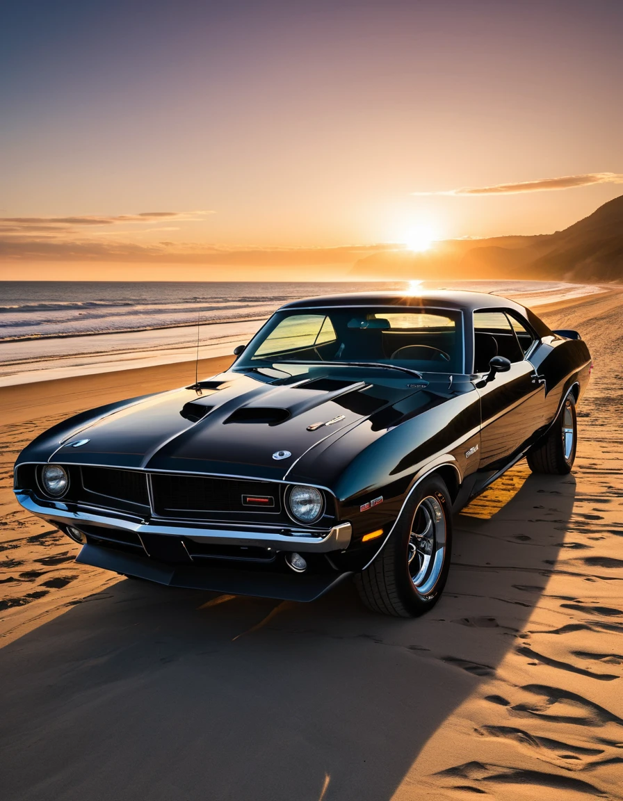 A muscle car with its doors open, parked on a beach at dawn. The early morning light casts a dramatic shadow, capturing a powerful and serene moment. Style of Muscle Core