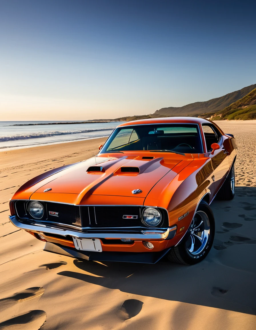 A muscle car with its doors open, parked on a beach at dawn. The early morning light casts a dramatic shadow, capturing a powerful and serene moment. Style of Muscle Core
