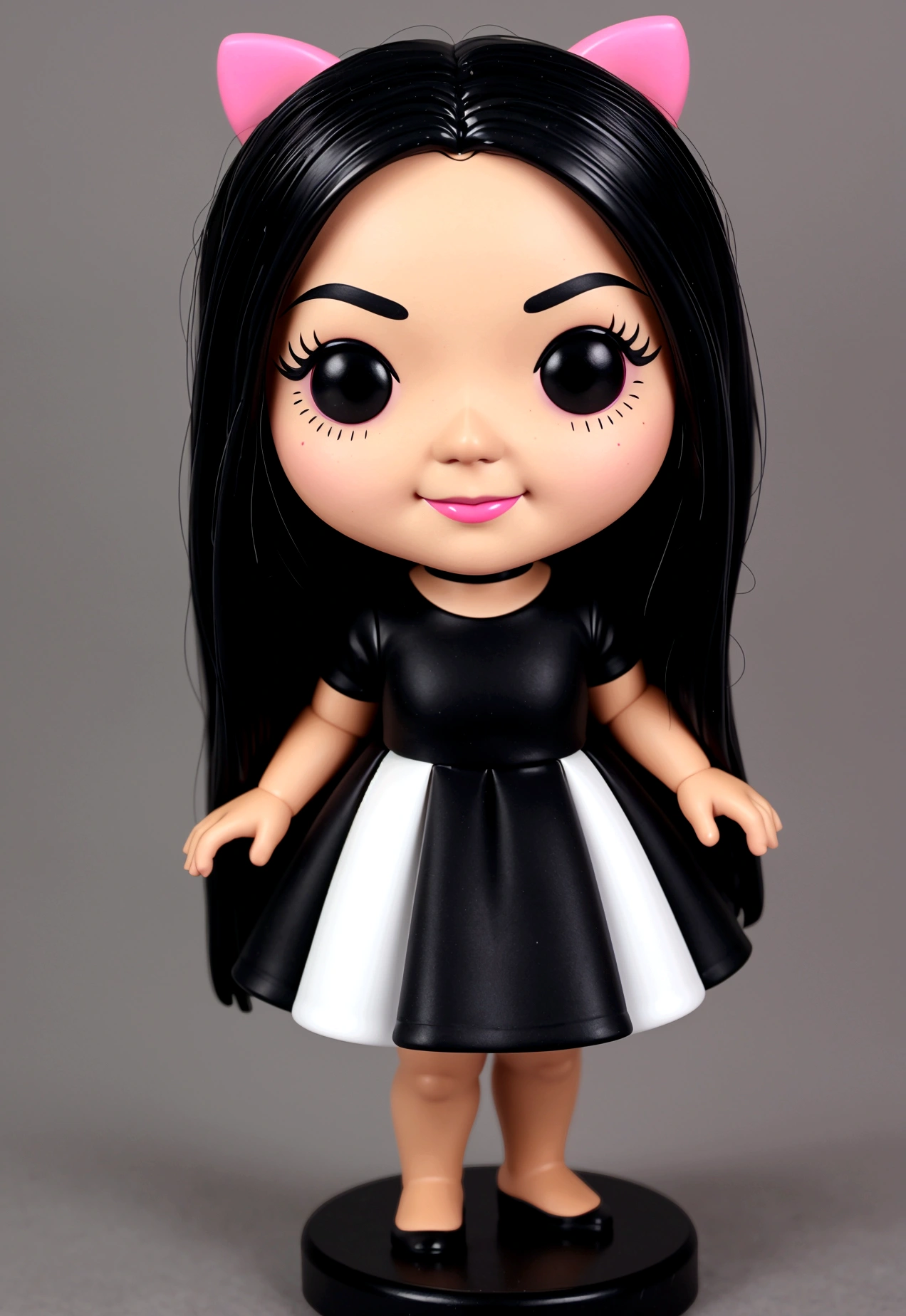 create a 3d chub- like funko pop, a woman with tanned white skin, Long black straight hair, little eyes, Eyeliner, black dress, pink lips, smiling