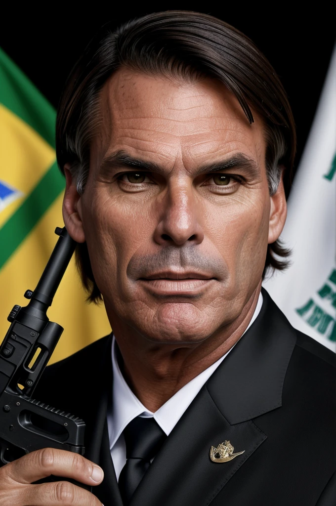 Jair Bolsonaro in a black suit, beautiful detailed eyes, beautiful detailed lips, extremely detailed face, holding a rifle, Brazilian flag in the background, hyper-realistic, 8k, photorealistic, masterpiece, high quality, dramatic lighting, cinematic, powerful, intense, highly detailed, intricate, volumetric lighting, sharp focus, ultra-detailed