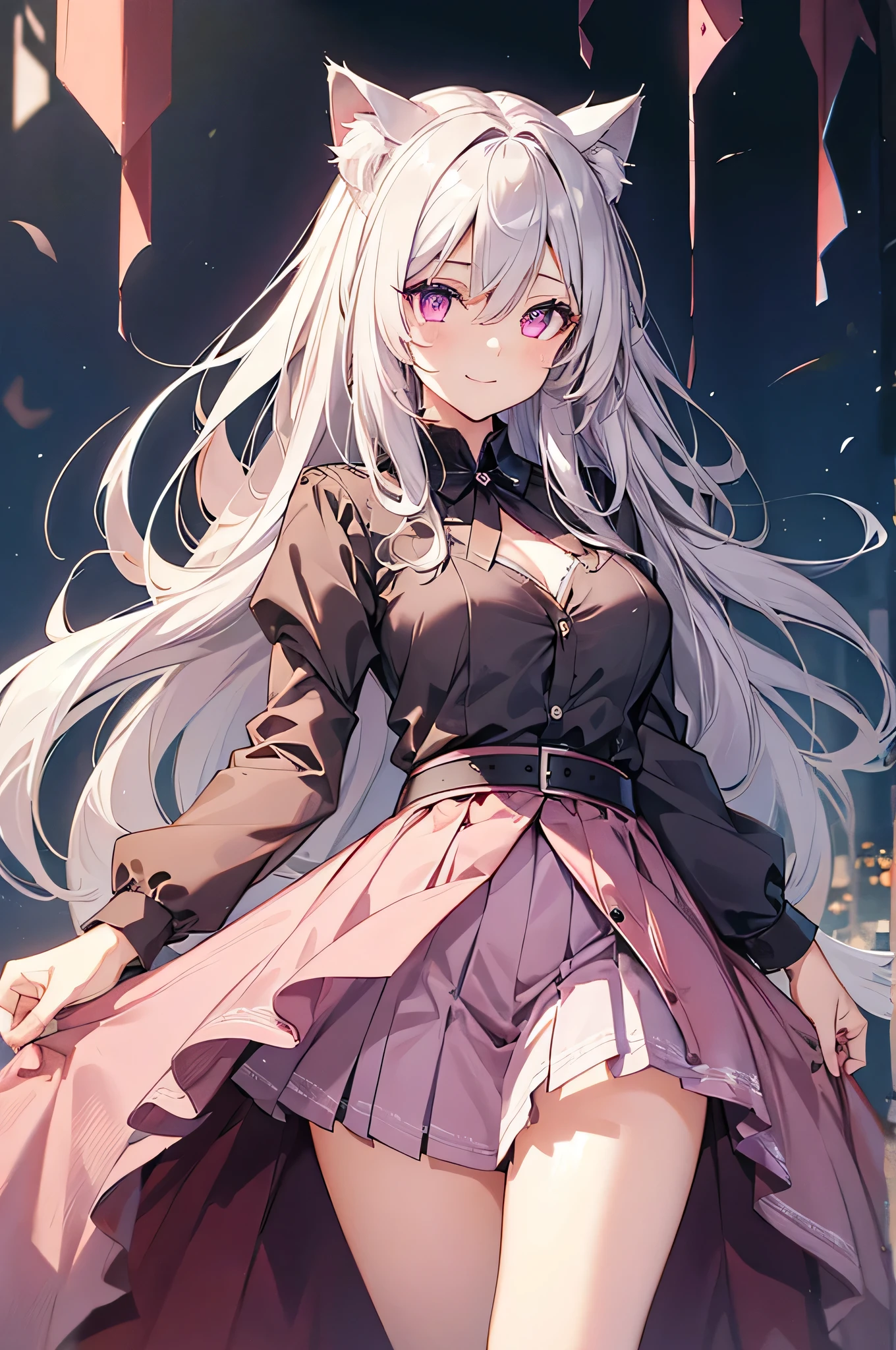 Highly detailed face,fine grain,Sparkling eyes,Highlighted eyes,Medium chest,pretty girl, bewitching smile,Longing eyes,Cat ear, Beautiful silver hair,Pink inside,Beautiful pink eyes,Oversized shirt,skirt