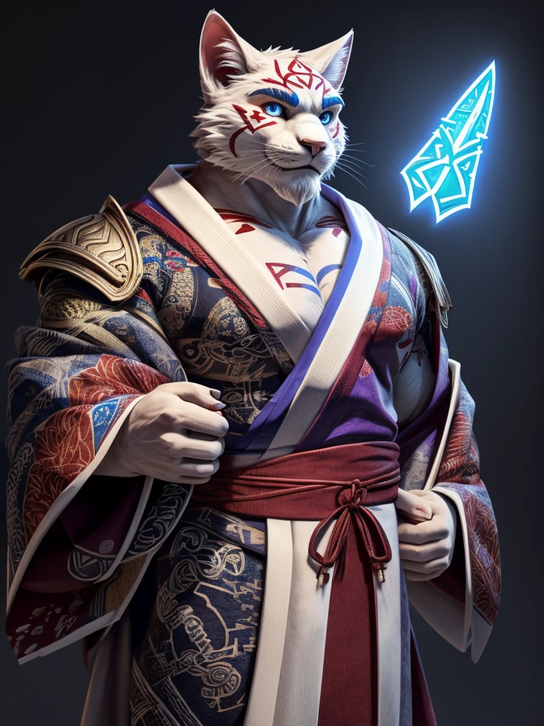 An anthropomorphic cat of (((white coat))) and has striking brown spots on his cheeks and a (((rune-shaped tatoo))) of bluish color on his left cheek. He wears a white (((Japanese kimono))) adorned with magical runes. In some parts your kimono mixes with parts of (((heavy armor))). His hands have red spots in his fingers, looking like he was put his hands in blood. He has a purple magic pouche with blue runes.