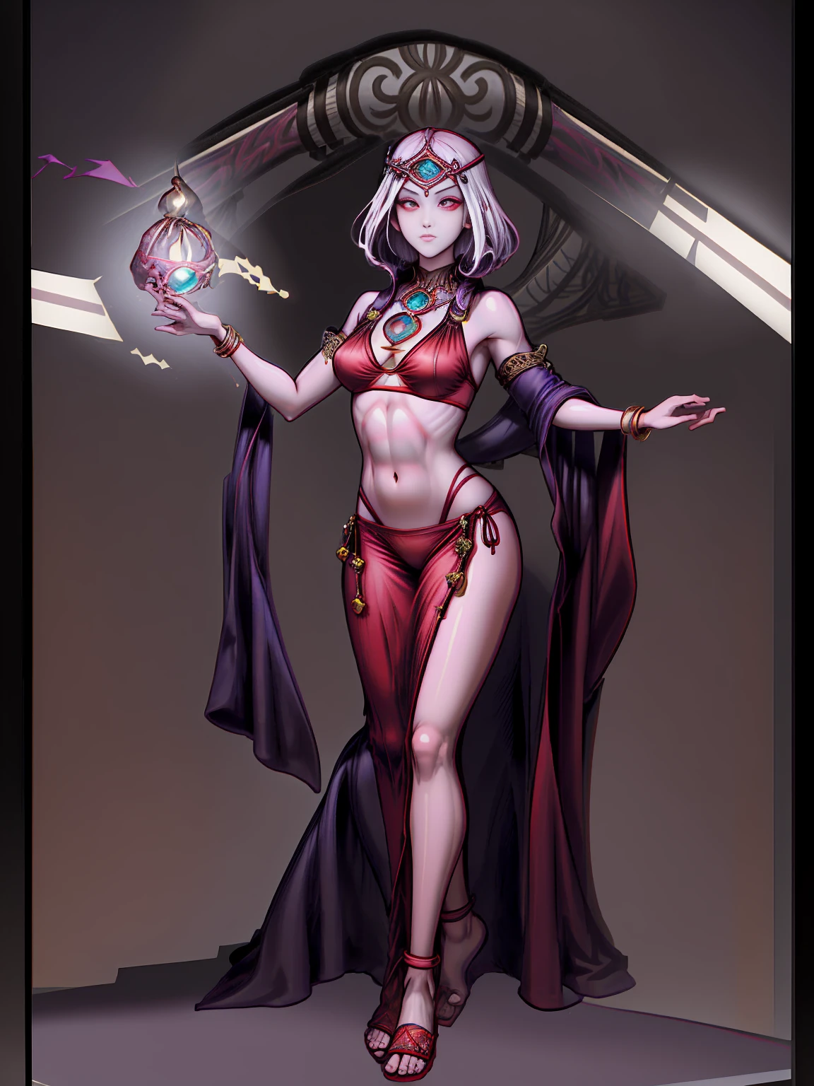 best quality, masterpiece, 1girl, perfect face, detailed eyes, perfect skin, looking to viewer, standing on 1leg wearing red bikini outfit, full body toe to head, barefeet, tiara, muscle tone body abs, navel, ARMS UP showing shaved armpits (hands behind head) red eyes, gem, circlet, jewelry, tiara (plain background)