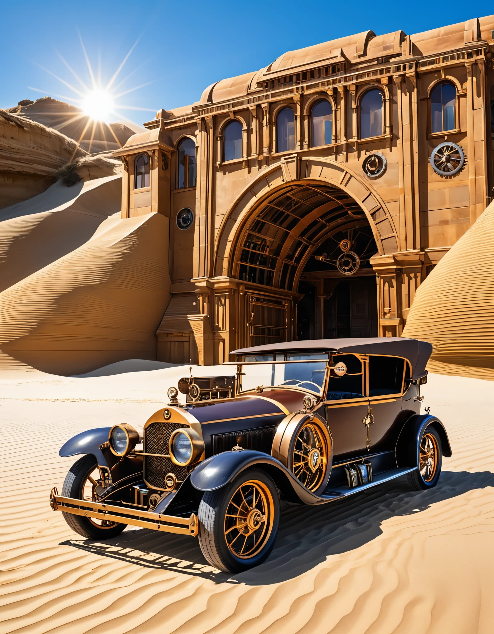 A steampunk car with its doors open, parked on a beach under a bright sun, with mechanical details and gears visible. The background shows sandy dunes and a clear sky