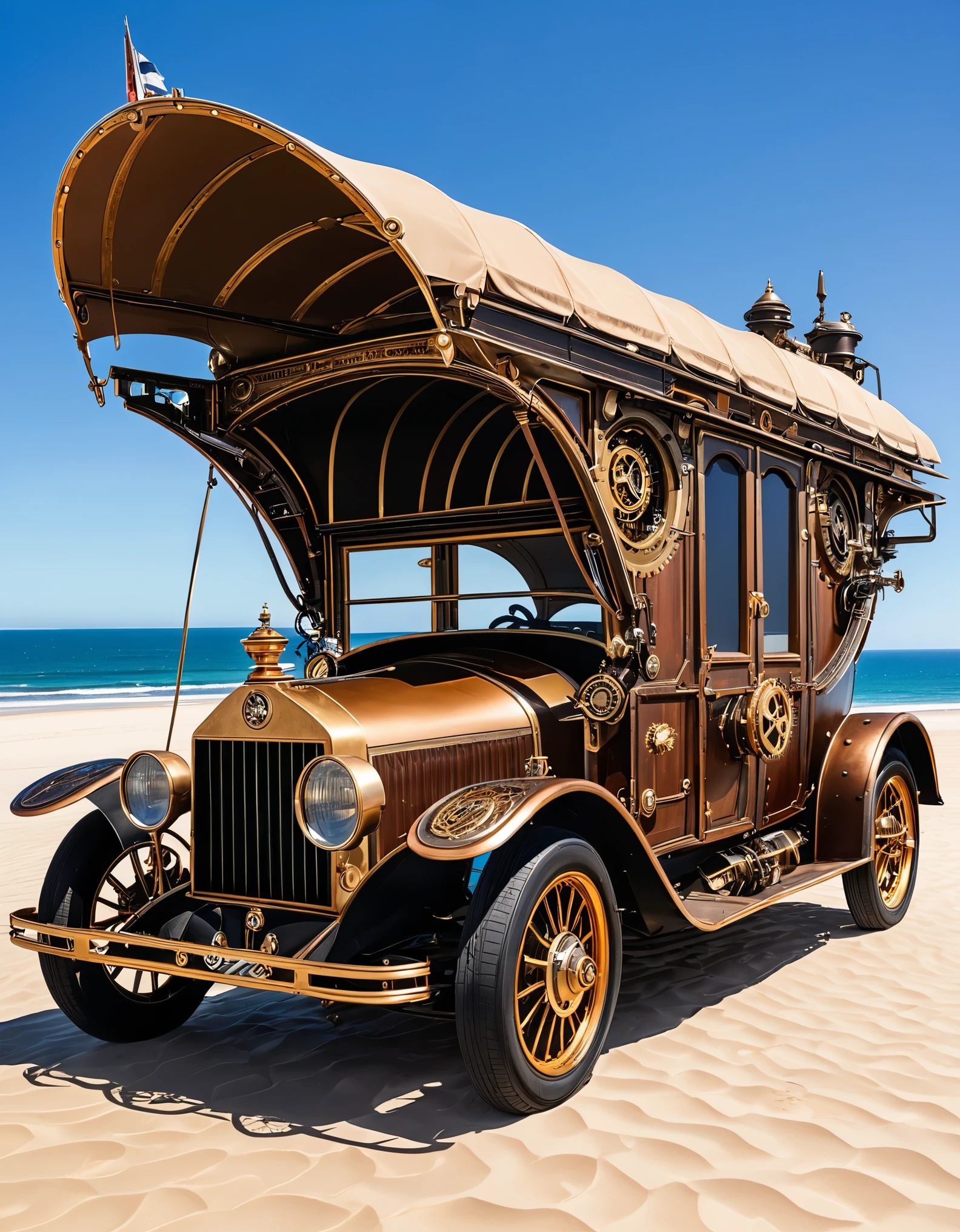 A steampunk car with its doors open, parked on a beach under a bright sun, with mechanical details and gears visible. The background shows sandy dunes and a clear sky