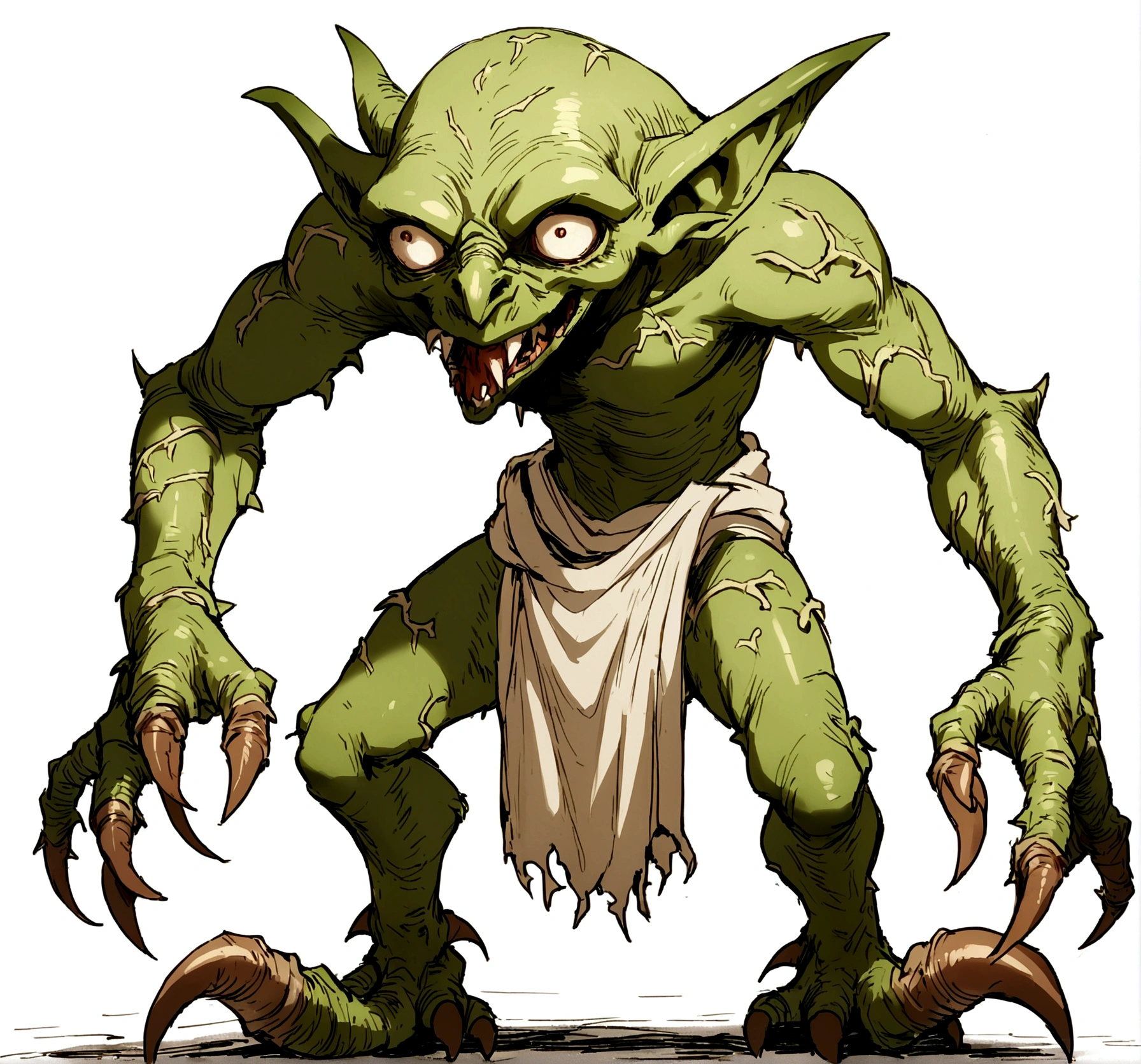 white background one tiny ugly goblins green skinny scary full body wearing cloth around his waist scary high details anime fantasy medieval side character goblin monster