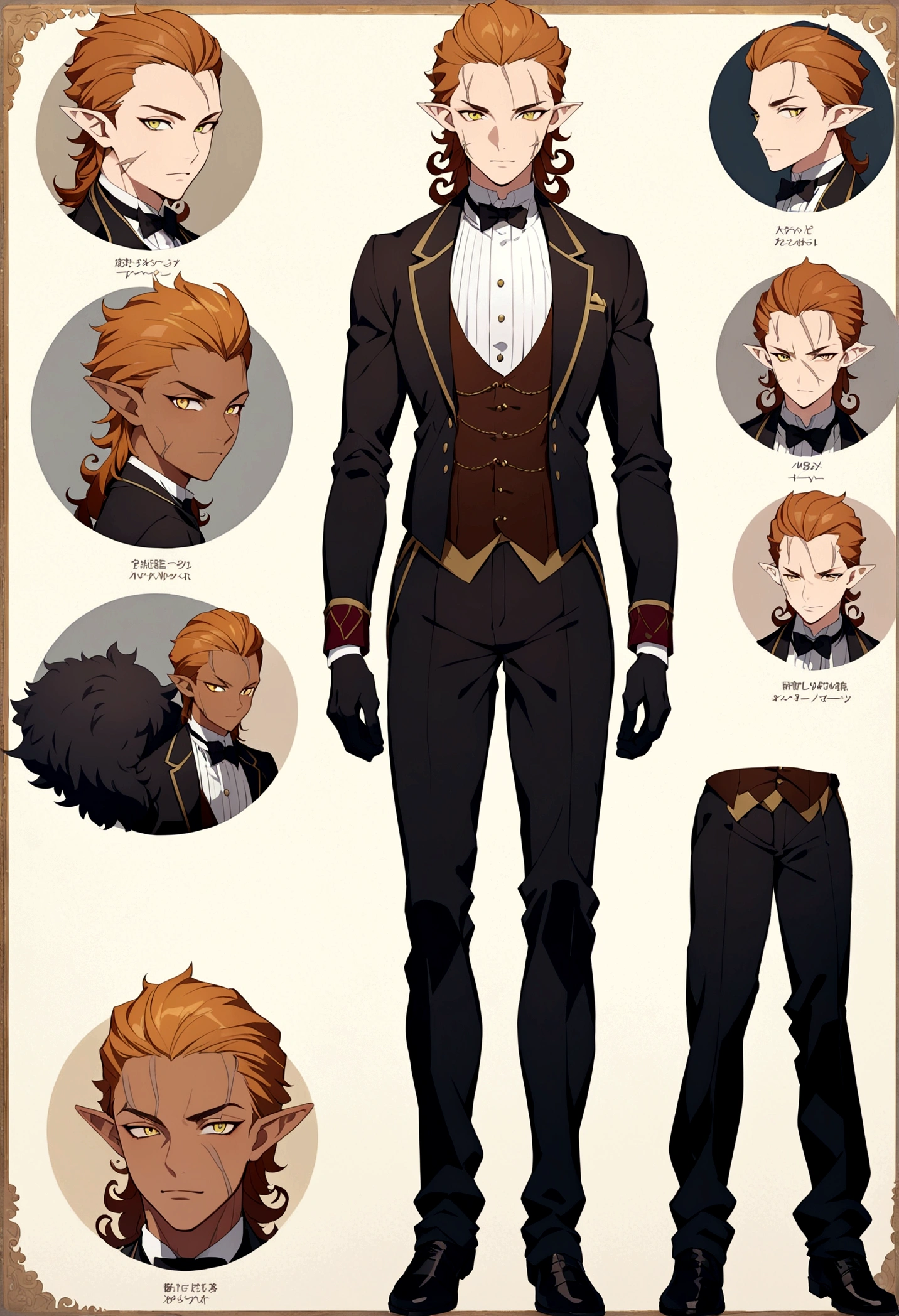 One adult male butler, athletic build, werewolf aesthetic, warm brown skin, yellow eyes, curly orange hair with black ends, Hair pushed back and set, warm and classy, many different expressions and poses, pointy ears, scars on face, character poster, reference sheet, semi realistic illustration style, high definition