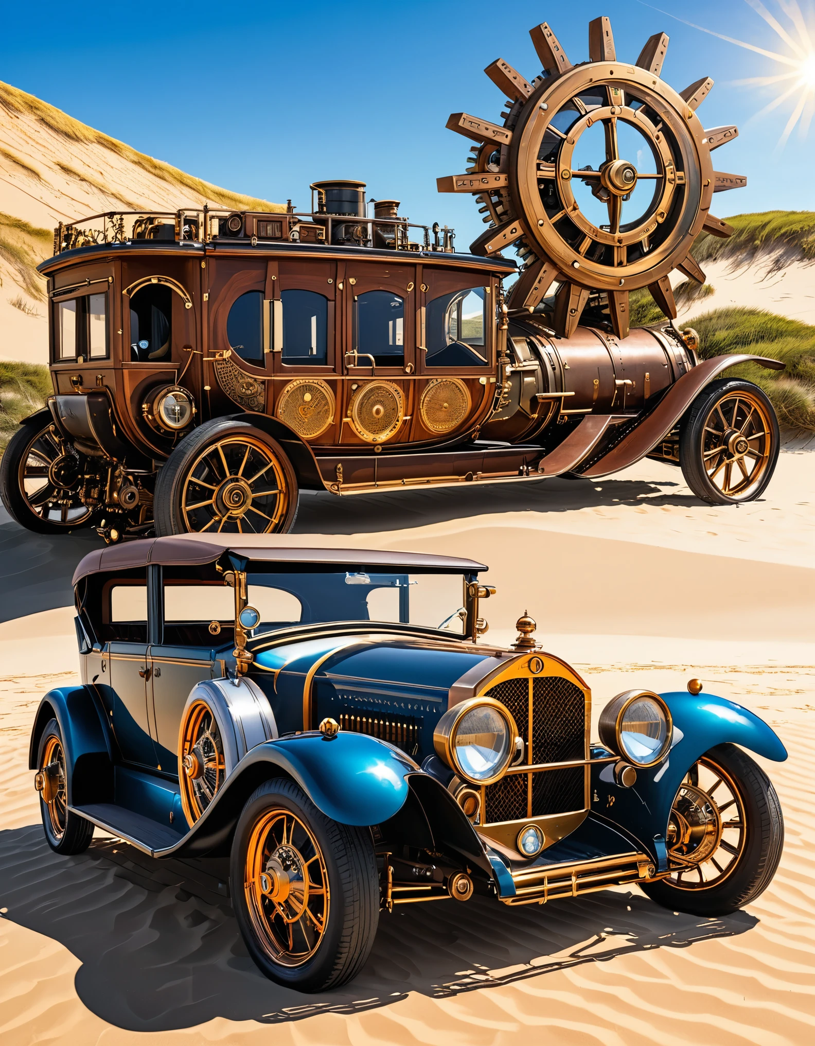 A steampunk car with its doors open, parked on a beach under a bright sun, with mechanical details and gears visible. The background shows sandy dunes and a clear sky