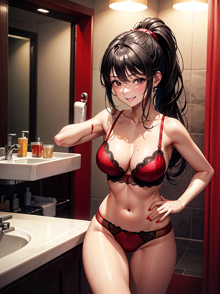 Highest quality,Highest Resolution,４K quality,Smiling woman in red underwear in the bathroom,Sweating profusely,Drink a drink,Black hair ponytail,whole body,Sexy Lingerie,