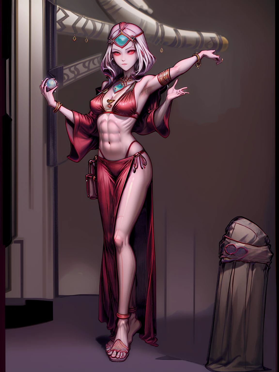 best quality, masterpiece, 1girl, perfect face, detailed eyes, perfect skin, looking to viewer, standing on 1leg wearing red bikini outfit, full body toe to head, barefeet, tiara, muscle tone body abs, navel, ARMS UP showing shaved armpits (hands behind head) red eyes, gem, circlet, jewelry, tiara (plain background)