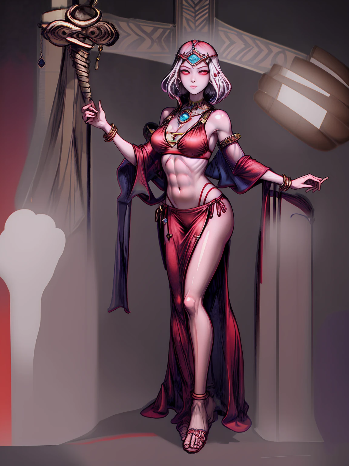 best quality, masterpiece, 1girl, perfect face, detailed eyes, perfect skin, looking to viewer, standing on 1leg wearing red bikini outfit, full body toe to head, barefeet, tiara, muscle tone body abs, navel, ARMS UP showing shaved armpits (hands behind head) red eyes, gem, circlet, jewelry, tiara (plain background)