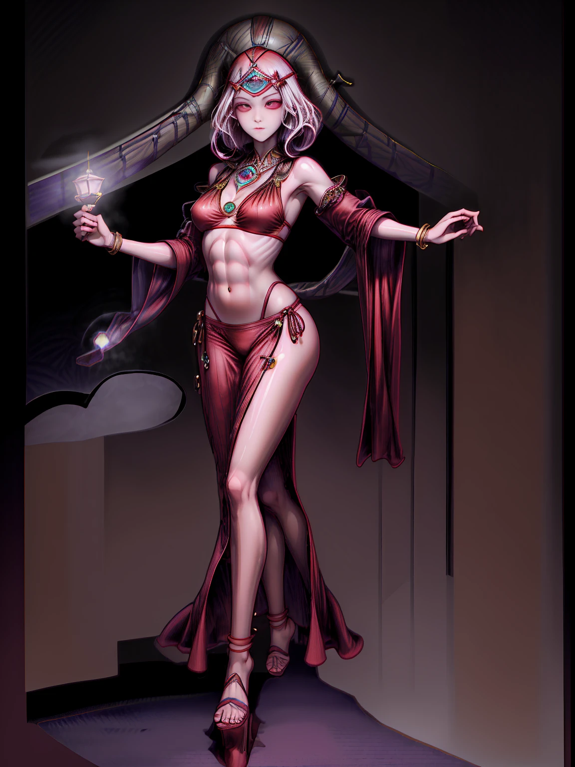 best quality, masterpiece, 1girl, perfect face, detailed eyes, perfect skin, looking to viewer, standing on 1leg wearing red bikini outfit, full body toe to head, barefeet, tiara, muscle tone body abs, navel, ARMS UP showing shaved armpits (hands behind head) red eyes, gem, circlet, jewelry, tiara (plain background)