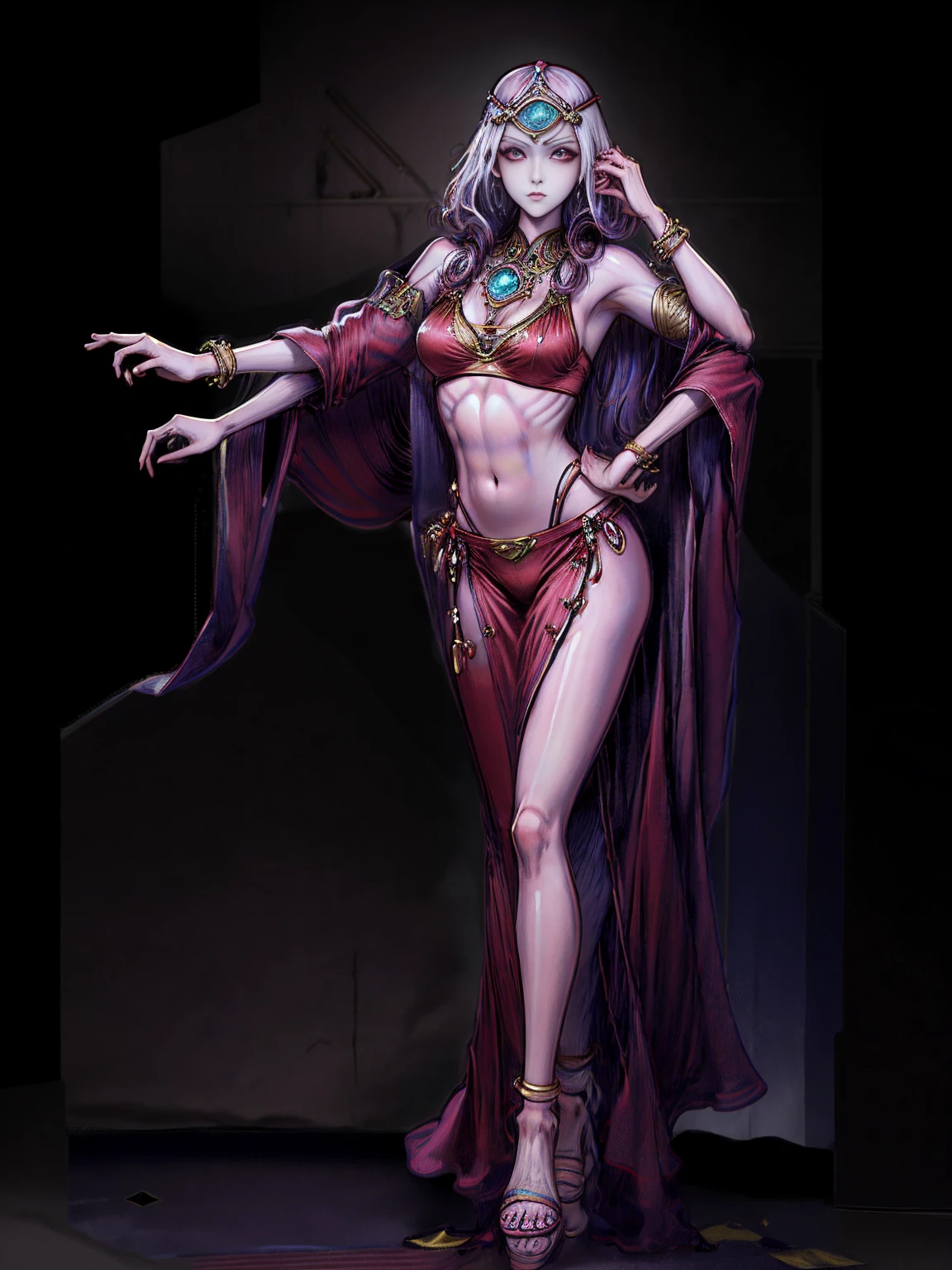 best quality, masterpiece, 1girl, perfect face, detailed eyes, perfect skin, looking to viewer, standing on 1leg wearing red bikini outfit, full body toe to head, barefeet, tiara, muscle tone body abs, navel, ARMS UP showing shaved armpits (hands behind head) red eyes, gem, circlet, jewelry, tiara (plain background)