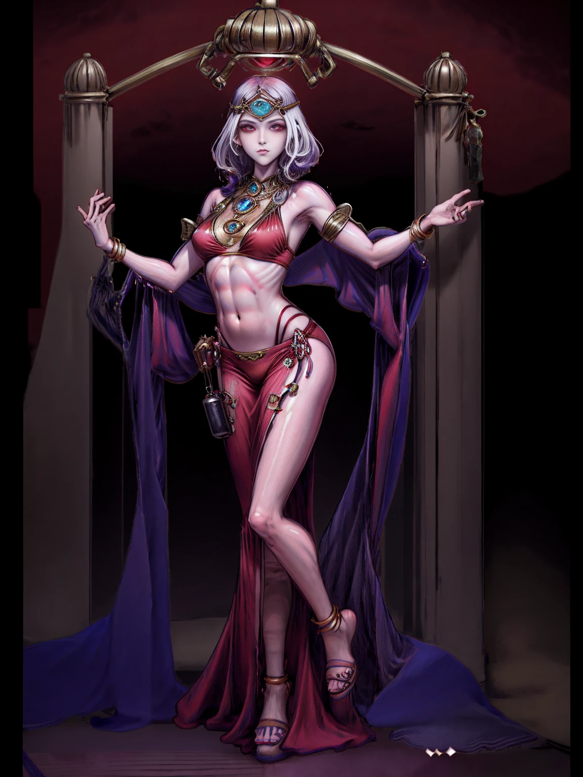 best quality, masterpiece, 1girl, perfect face, detailed eyes, perfect skin, looking to viewer, standing on 1leg wearing red bikini outfit, full body toe to head, barefeet, tiara, muscle tone body abs, navel, ARMS UP showing shaved armpits (hands behind head) red eyes, gem, circlet, jewelry, tiara (plain background)