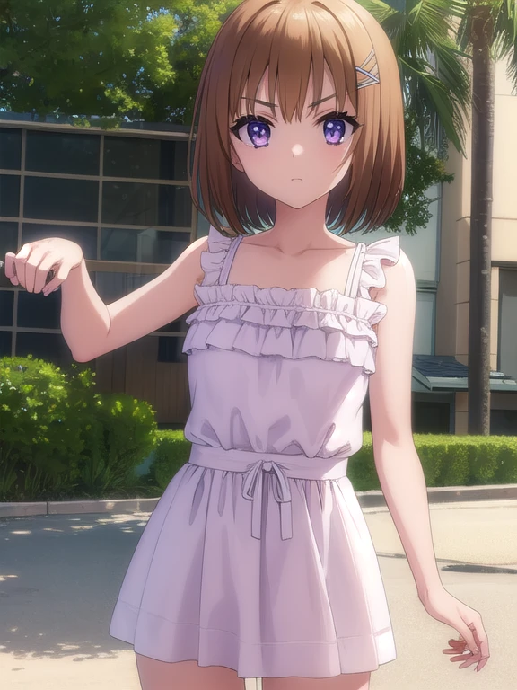 korewaharuna, haruna, short hair, brown hair, (purple eyes:1.1), ahoge, hair ornament, x hair ornament,
BREAK dress, collarbone, frills, bow, sleeveless, bare arms,
BREAK outdoors,
BREAK looking at viewer, (cowboy shot:1.5),
BREAK (masterpiece:1.2), best quality, high resolution, unity 8k wallpaper, (illustration:0.8), (beautiful detailed eyes:1.6), extremely detailed face, perfect lighting, extremely detailed CG, (perfect hands, perfect anatomy),