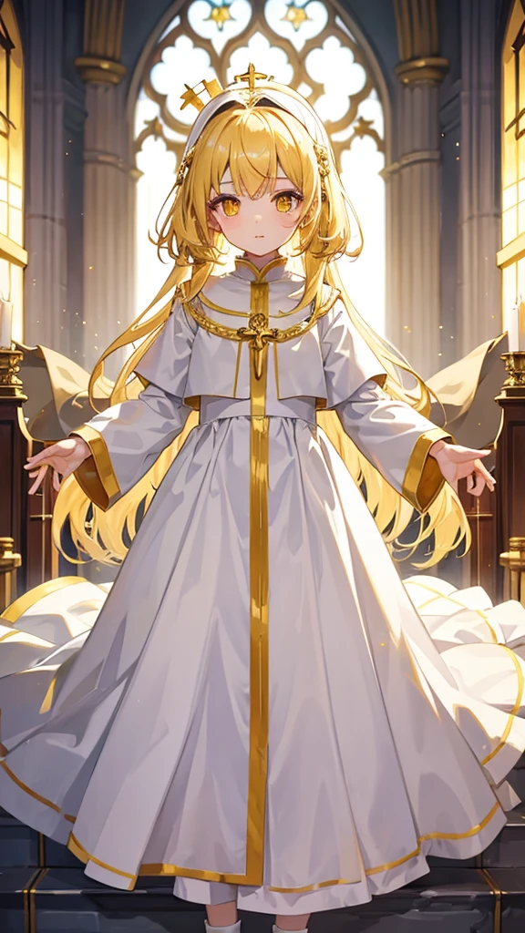 Priest loli, gold hair, yellow sparkling eyes, white cute clothes, stands in cathedral,