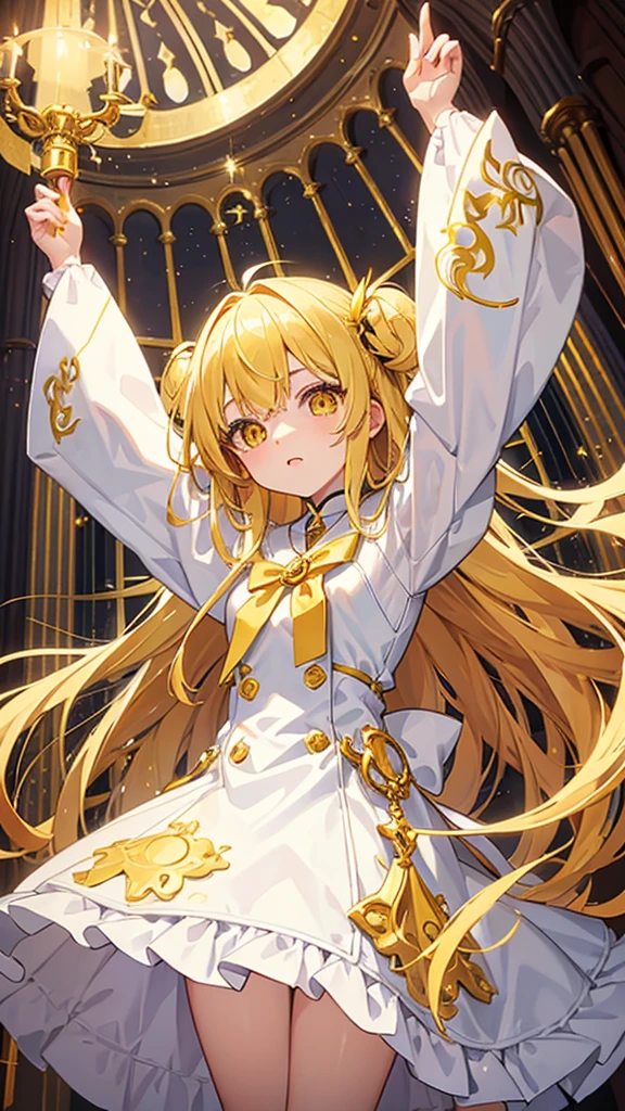 Priest , gold hair, yellow sparkling eyes, white cute clothes, stands in cathedral,