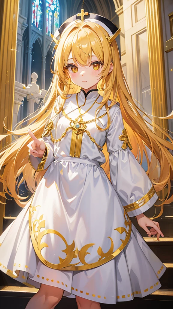 Priest loli, gold hair, yellow sparkling eyes, white cute clothes, stands in cathedral,