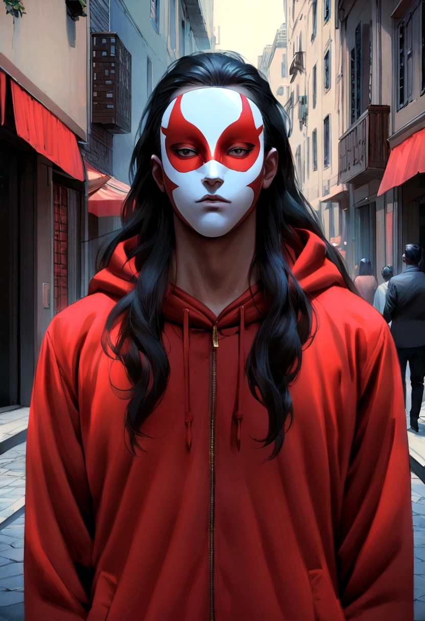 A realistic portrait of a man with long hair, wearing a red hoodie and wearing a La Casa de Papel mask - Salvador Dalí seen from the front. He is in an urban environment, perhaps on a busy street.