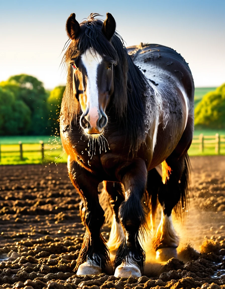 full rear(100) view of large fat wide hairy Shire horse stallion with lumps of horse dung pouring out of the centre of a big bum and sliding down legs. facing away from view point - towards horizon. wide open rectum and anus in full view full of horse dung. tail to left side. ((masterpiece)), ((best quality)), ((highres)), ((extremely detailed)), ((close  shot, back view)), (super realistic) . anatomically correct. horse surrounded by lumps of steaming dung. open field. bright sunny sky