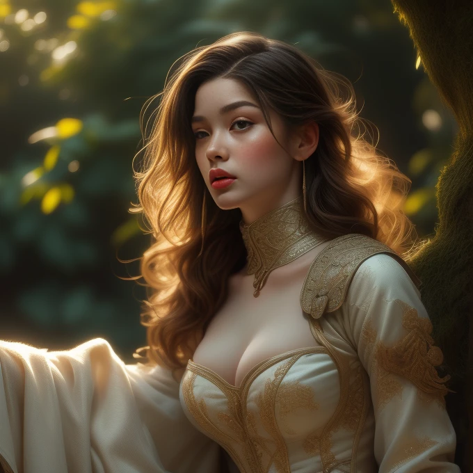 Medieval Fantasy Princess:1.3、Exquisitely detailed skin、Detailed facial features、Beautifully detailed eyes、Beautifully detailed lips、Highly detailed face、Long eyelashes、blonde、Very beautiful hair、Flowing Hair、Big Breasts、Narrow waist、Big Butt、Ideal proportions、Princess Pose:1.3、Facing forward、Light white dress、Leather Armor、The background is deep in the forest、sunset、wood々Overgrown and dim、Detailed Background、(Highest quality、8K、High resolution、masterpiece:1.2)、Super detailed、(Real、Photorealistic、Photorealistic:1.37),
