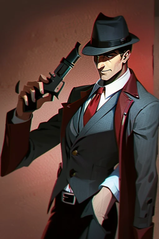 A male detective from the 1930's, wearing a dark fedora, black trench coat, white shirt, red tie and shoulder holster, holding a handgun
