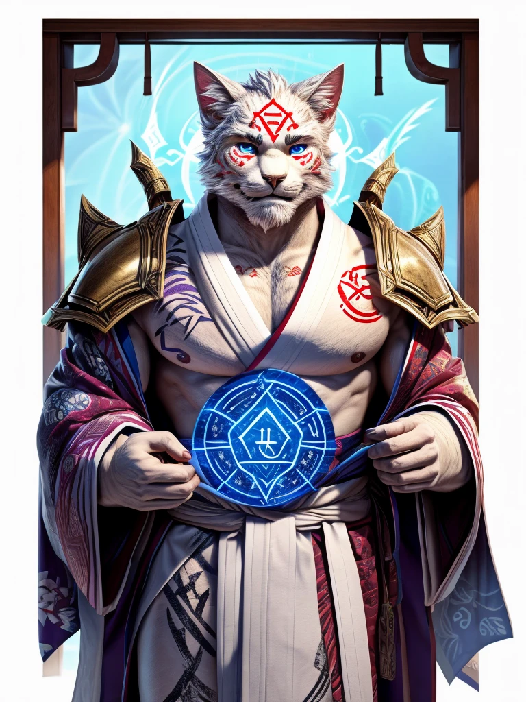 An anthropomorphic cat of (((white coat))) and has striking brown spots on his cheeks and a (((rune-shaped tatoo))) of bluish color on his left cheek. He wears a white (((Japanese kimono))) adorned with magical runes. In some parts your kimono mixes with parts of (((heavy armor))). His hands have red spots in his fingers, looking like he was put his hands in blood. He has a purple magic pouche with blue runes.