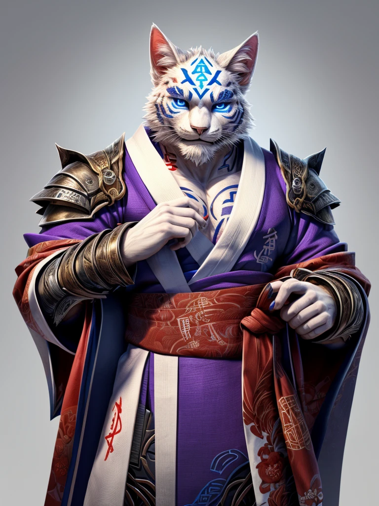 An anthropomorphic cat of (((white coat))) and has striking brown spots on his cheeks and a (((rune-shaped tatoo))) of bluish color on his left cheek. He wears a white (((Japanese kimono))) adorned with magical runes. In some parts your kimono mixes with parts of (((heavy armor))). His hands have red spots in his fingers, looking like he was put his hands in blood. He has a purple magic pouche with blue runes.