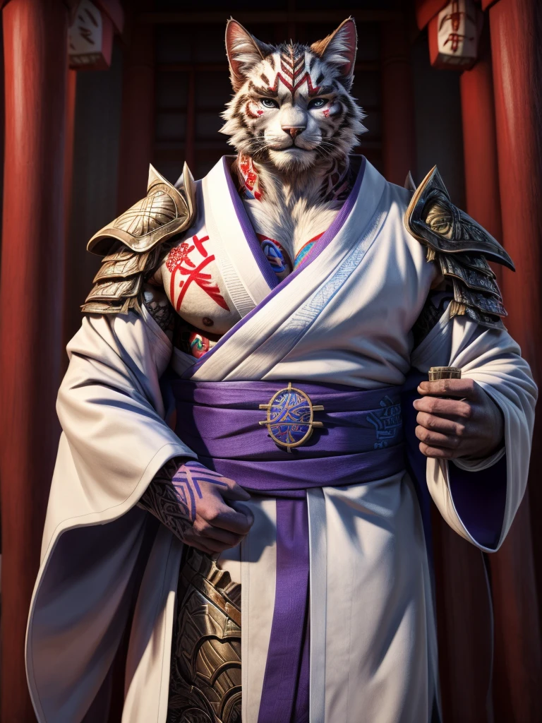 An anthropomorphic cat of (((white coat))) and has striking brown spots on his cheeks and a (((rune-shaped tatoo))) of bluish color on his left cheek. He wears a white (((Japanese kimono))) adorned with magical runes. In some parts your kimono mixes with parts of (((heavy armor))). His hands have red spots in his fingers, looking like he was put his hands in blood. He has a purple magic pouche with blue runes.