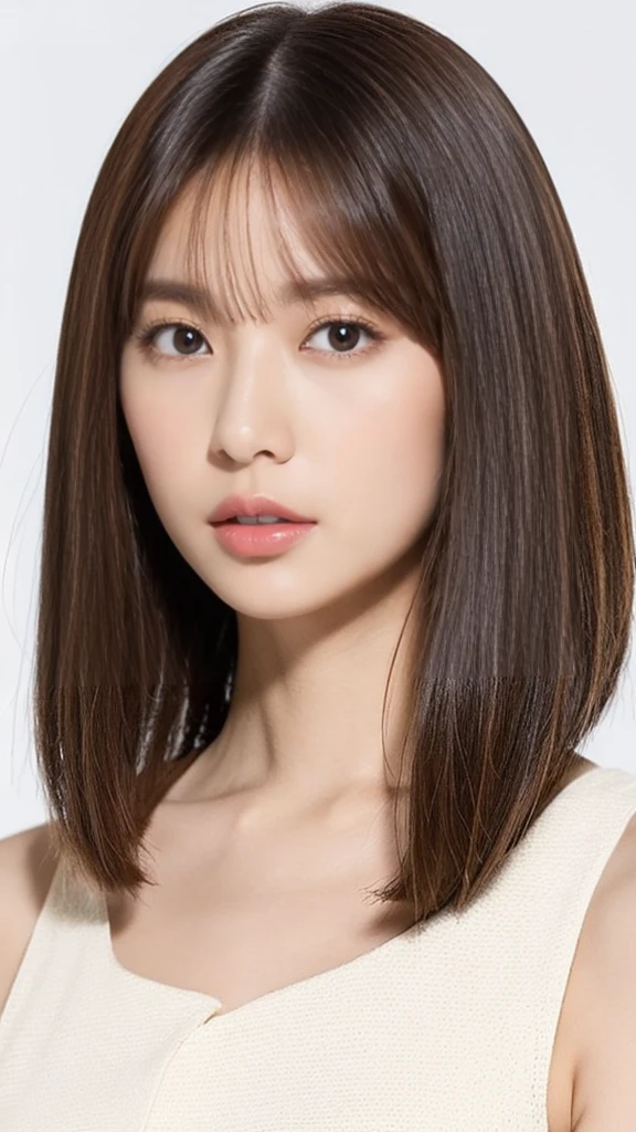 Visual blockbuster on the theme of hairstyle, Japanesegirl with short hair, fashionable clothing with light hair, Chinese girl looking frontally at the camera, without makeup highlighting the texture and pores of facial skin, full color picture, close up - white solid background