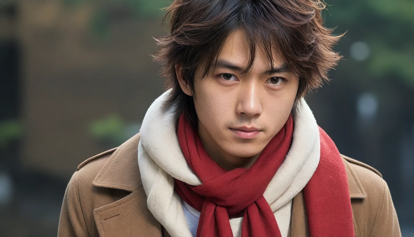 1man, perfect face, Young Japanese man wearing a red scarf and a somewhat old and worn brown jacket, best quality ,masterpiece, illustration, extremely detailed ,CG ,unity ,8k wallpaper, Amazing, finely detail, masterpiece,best quality,official art,extremely detailed CG unity 8k wallpaper,absurdres, incredibly absurdres, huge filesize, ultra-detailed, highres, extremely detailed, messy hair, japanese boy, japan young man, completely white t-shirt, battered red scarf, ryoma nagare, cream coat,18yo, 18 years old, age 18,