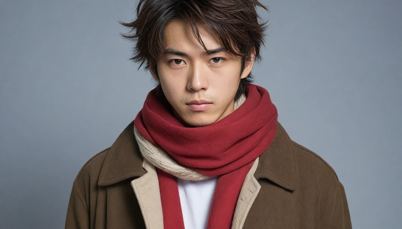 1man, perfect face, Young Japanese man wearing a red scarf and a somewhat old and worn brown jacket, best quality ,masterpiece, illustration, extremely detailed ,CG ,unity ,8k wallpaper, Amazing, finely detail, masterpiece,best quality,official art,extremely detailed CG unity 8k wallpaper,absurdres, incredibly absurdres, huge filesize, ultra-detailed, highres, extremely detailed, messy hair, japanese boy, japan young man, completely white t-shirt, battered red scarf, ryoma nagare, cream coat,18yo, 18 years old, age 18,