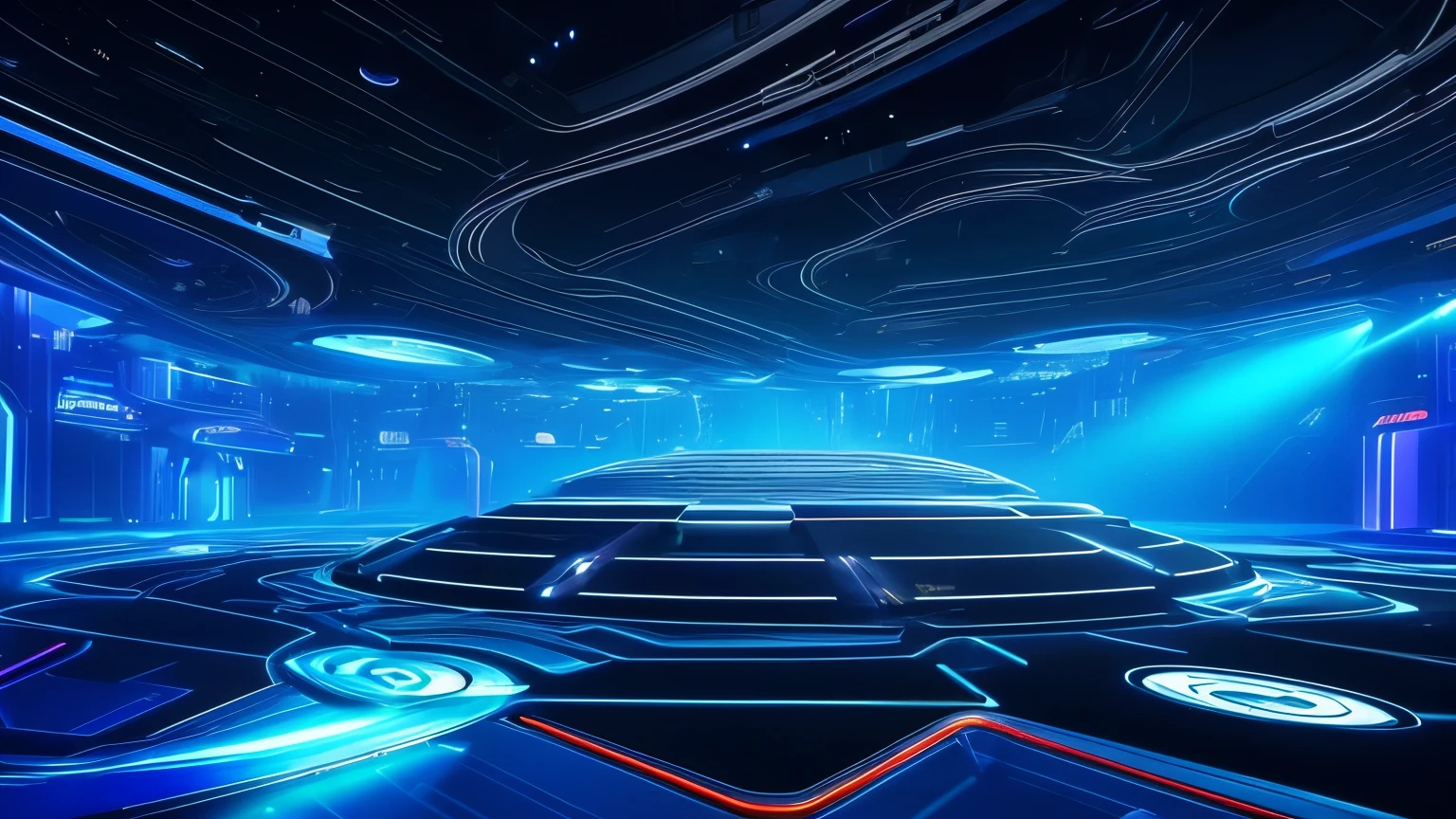Futuristic Setting: A floating circular stage, surrounded by neon holograms that project ever-changing images of alien landscapes and futuristic cityscapes. At the center, a crystal pedestal emitting pulsating light, where each hologram appears to interact with the music.
Cyber Environment: A stage surrounded by a translucent glass sphere, where digital data and code patterns continually flow across the surface. LED lights embedded in the glass flash in sync with the music, creating a hypnotic effect of abstract colors and shapes.
Holographic Landscape: A stage surrounded by clear glass walls, that turn into a vast desert of pixels when the music starts. Holograms of robotic artifacts and futuristic structures emerge from the ground and float in the air, while beams of light pass through space, Creating an ethereal aura.
Advanced Industrial Style: A stage built with dark metallic materials and clean lines, illuminated by LED panels that form geometric patterns in constant movement. Autonomous service robots roam the corridors, adjusting devices and preparing the environment for performance.
Digital Nature: A stage surrounded by a cascade of curved LED screens that stretch from floor to ceiling, displaying detailed images of cyber forests and underwater landscapes. Sounds of mechanical animals and robotic birds echo softly through the environment, creating a surreal atmosphere.