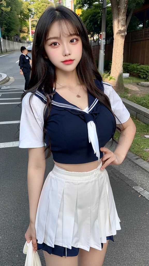 (in 8K, top-quality, ​masterpiece:1.2), (realisitic, Photorealsitic:1.37), ultra-detailliert, Natural sunlight, mideum breasts, I can see the cleavage,25 year old woman, Dark hair, Pendants, Torn shorts, Light Knit V-Neck Shirt, At the time of performance, extremely detailed face and skin, A detailed eye, Highly detailed face and skin best quality, 8K, 32K, masutepiece, nffsw:1.2), (Raw photo), (Realistic), (Photorealistic:1.2), (High resolution), huge filesize, Ultra-detailed, Extremely beautiful face & Eyes, 1girl in, (Lori, 14 years old:1.2), infp young woman, round small face, thin waist, huge-breasted, slim proportions, (Japan sailor suit, sailor fuku, serafuku, Japanese school sailor uniform, darkblue pleated skirt:1.27), (From below, White thong, Crotch:1.24),