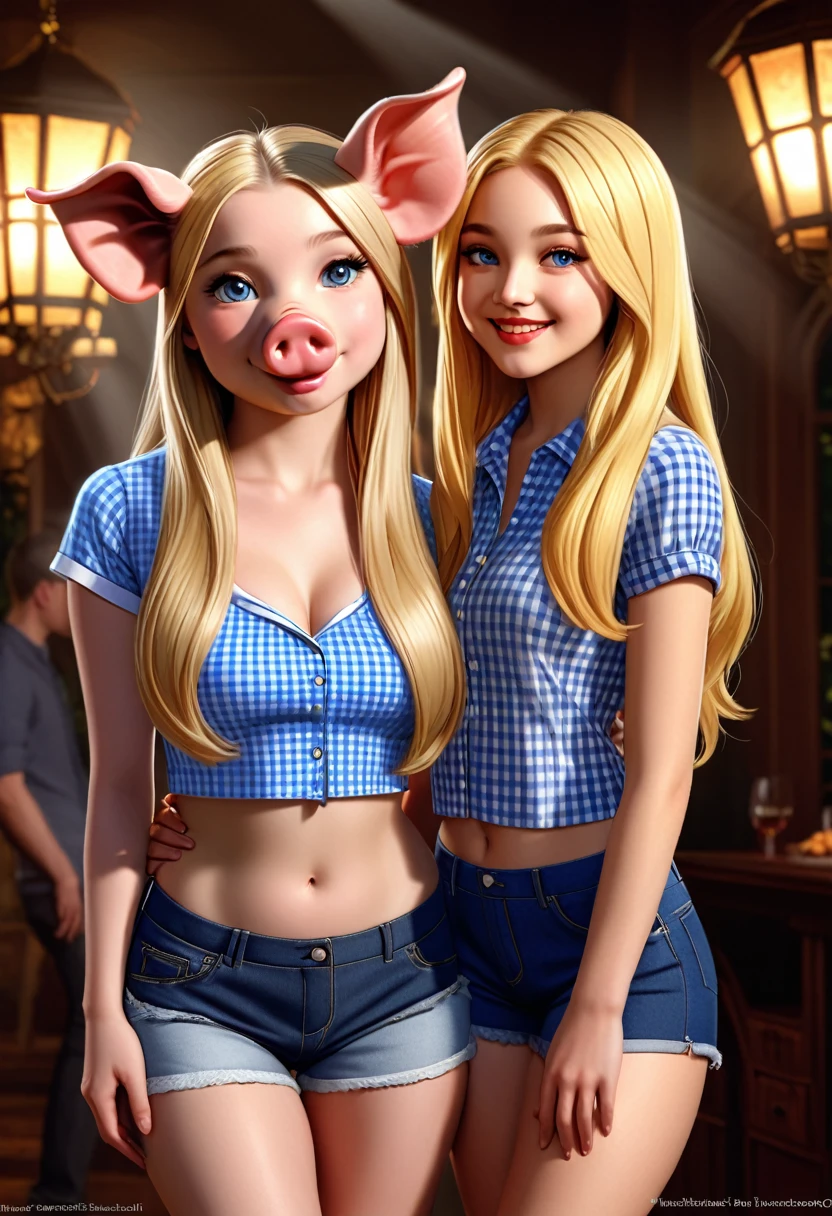 Create an realistic CGI photo of a anthropomorphic pig women. Large pig ears, pig nose, Long blond hair. The photo should be of the highest quality, a masterpiece with intricate details. The pig women should have a female, humanoid, appearance, with a vaugly human face. She should have luscious lips, a wide smile, and bright, expressive eyes, exuding beauty, Ensure the image is high resolution and sharply detailed, with a detailed and vibrant background. Incorporate mystical lighting in the background, creating a romantic and enchanting atmosphere. regal. noble. jean shorts, gingham shirt. Scarlett Johanson, Alison Brie, Dove Cameron