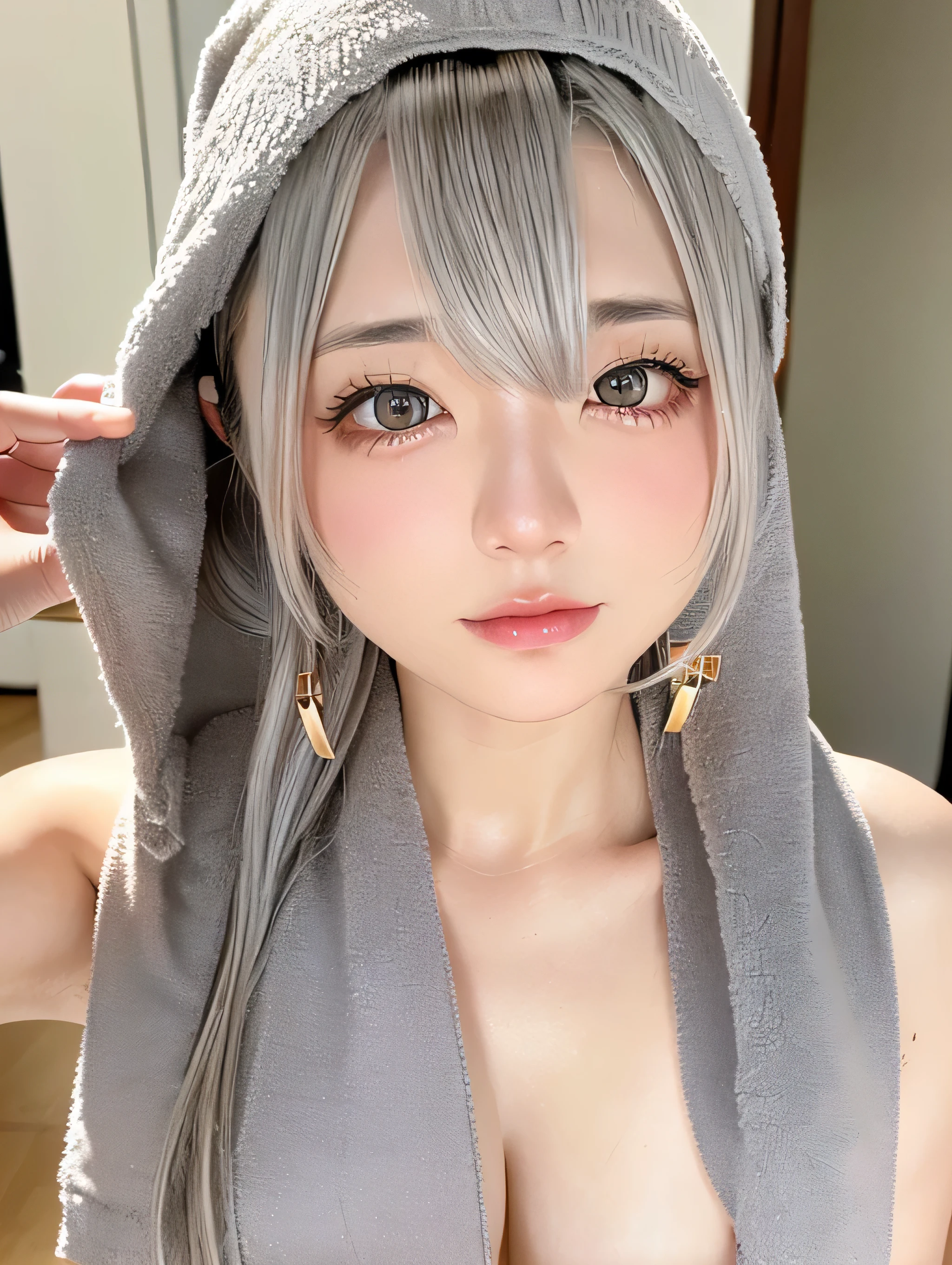 8K, RAW Photos, Fujifilm, Beautiful 20 year old woman style photo, (((Gray Hair:1.3,美しいGray Hairのストレートヘアー、シルキーなGray Hair)))、(((Completely naked:1.5,Cover yourself with a large towel))) Gold earrings, (Highly detailed skin: 1.2), Light medium brown hair, Film Grain, 35mm, Cute Style、(((Standing 1.5)))、Selfie