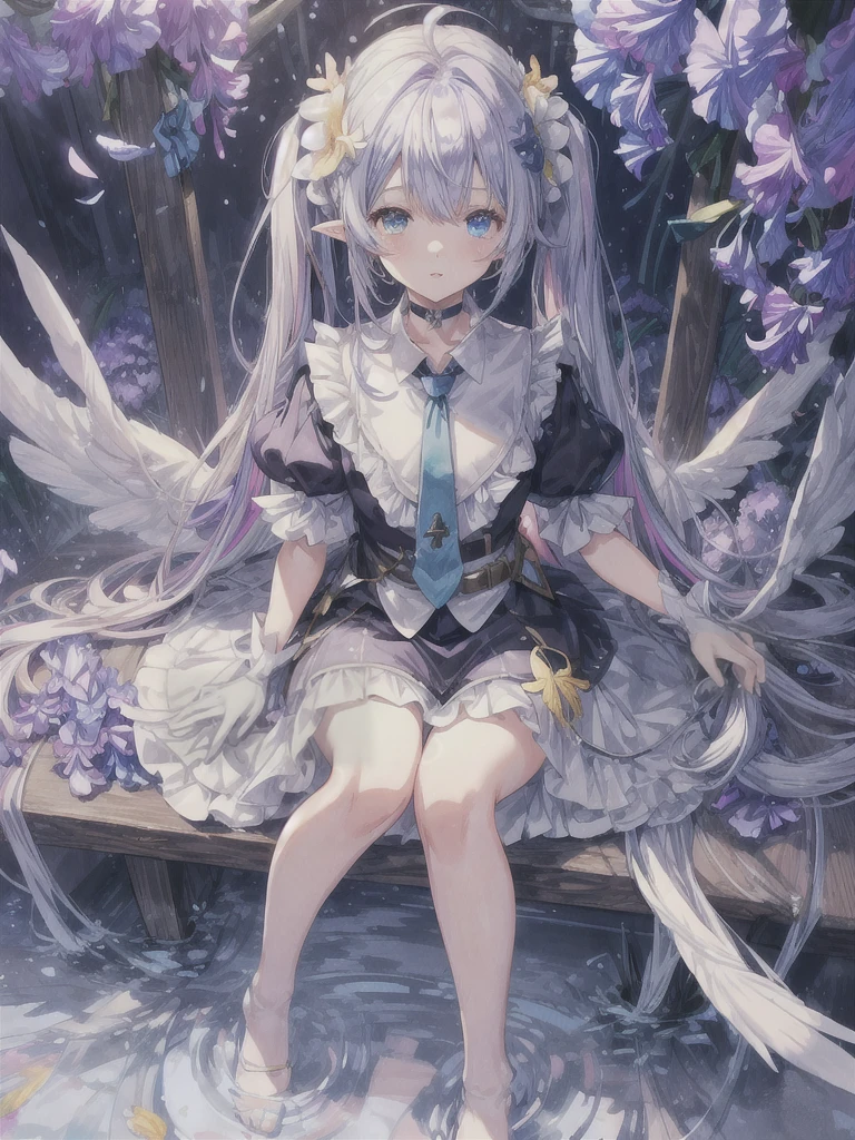 pretty, anime, pastel, neon, vtuber-fullbody vtuber-halfbody, kawaii Masterpiece, young woman, sitting down, parted lips, black eyes, fluffy curly hair, bangs, ahoge, light brown hair, rosy cheeks, short sleeve, black and purple dress, puffy sleeves, black gloves, purple ribbons, ((faded iris)), myceliumtech, scifi, Mycelia, spongy, PsychedelicMasterpiece, ((Faded iris)), flowers, smile, water effect, ahoge, looking up, upper view, yuki miku, very long blue hair, twintails, hair ornament, blue eyes, kawaii looking upupper viewhair ornament(masterpiece:1.2), (hires:1.2), (better hands:1.2), beautiful hands, perfect ???????, holding star, 1boy, antenna hair, choker, white jacket, shoulder-belt, collared shirt, ear piercing, chain earrings, gradient, stars hair ornament, male focus, multicolored hair, purple hair, yellow strands, yellow necktie, (eye1 purple, eye2 yellow, heterochromia), starlight, starMasterpiece, young girl, white hair, fluffy hair, ahoge, medium length hair, bird feathers, sky, jungle, feather ears, white bird wings, vibrant colors, flowers, flower crown, leaves, white silk dress, detailed sleeves, strewn plants, hair over eyes, butterfly style, more_details:-1, more_details:0, more_details:0.5, more_details:1, more_details:1.5, (((ultra detailed))), softcore, kawaii, 