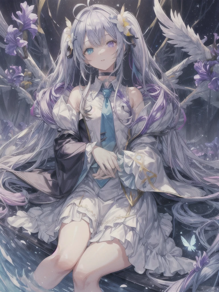 pretty, anime, pastel, neon, vtuber-fullbody vtuber-halfbody, kawaii Masterpiece, young woman, sitting down, parted lips, black eyes, fluffy curly hair, bangs, ahoge, light brown hair, rosy cheeks, short sleeve, black and purple dress, puffy sleeves, black gloves, purple ribbons, ((faded iris)), myceliumtech, scifi, Mycelia, spongy, PsychedelicMasterpiece, ((Faded iris)), flowers, smile, water effect, ahoge, looking up, upper view, yuki miku, very long blue hair, twintails, hair ornament, blue eyes, kawaii looking upupper viewhair ornament(masterpiece:1.2), (hires:1.2), (better hands:1.2), beautiful hands, perfect ???????, holding star, 1boy, antenna hair, choker, white jacket, shoulder-belt, collared shirt, ear piercing, chain earrings, gradient, stars hair ornament, male focus, multicolored hair, purple hair, yellow strands, yellow necktie, (eye1 purple, eye2 yellow, heterochromia), starlight, starMasterpiece, young girl, white hair, fluffy hair, ahoge, medium length hair, bird feathers, sky, jungle, feather ears, white bird wings, vibrant colors, flowers, flower crown, leaves, white silk dress, detailed sleeves, strewn plants, hair over eyes, butterfly style, more_details:-1, more_details:0, more_details:0.5, more_details:1, more_details:1.5, (((ultra detailed))), ????????, kawaii, 