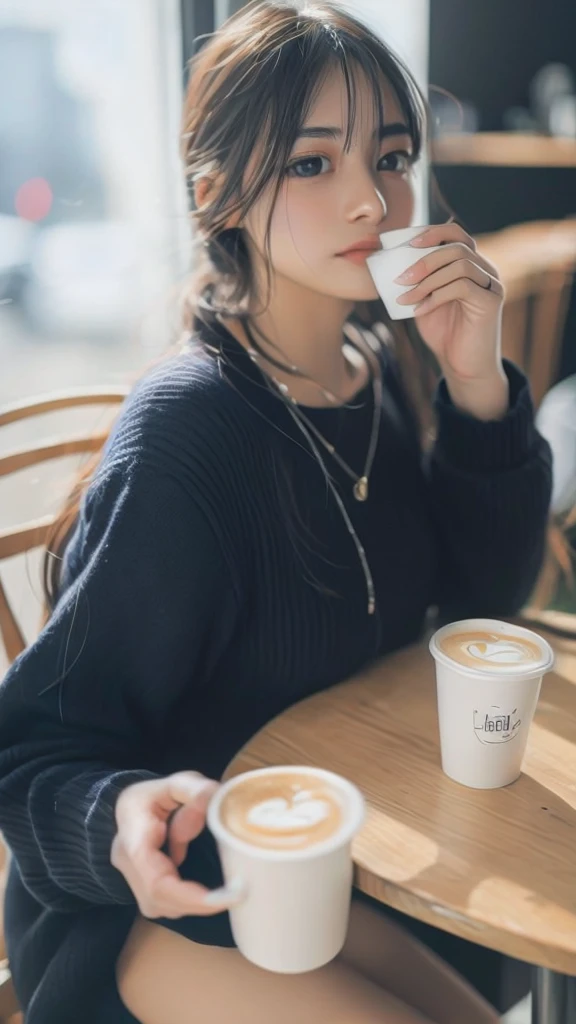 Woman sitting on chair、There is coffee on the table、Wearing fashionable clothes