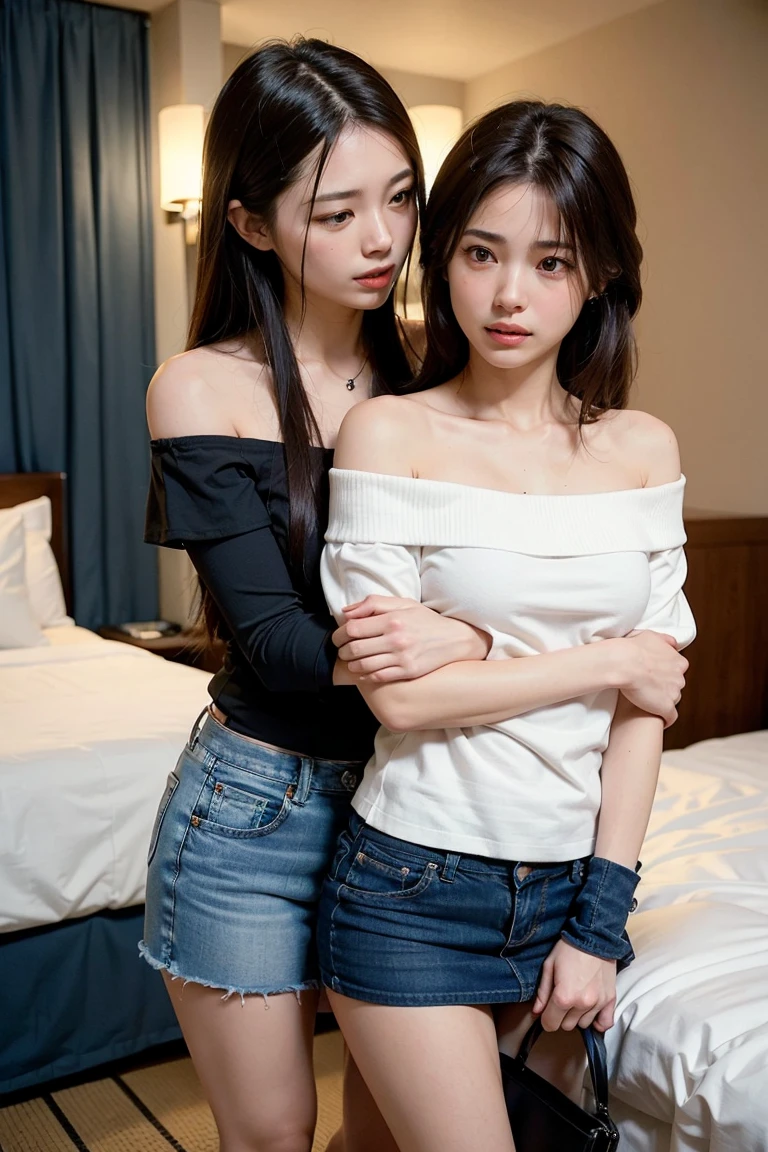 masterpiece，Highest quality，Advanced Details，1 male，1 female，((Hotel Bedroom:1.4))、((Japanese woman with straight medium-long hair:1.4))，((A woman wearing a white short-sleeved off-the-shoulder cotton shirt and a denim miniskirt:1.4))，日本人中年1 male，Black Haired Man，A man in a white dress shirt is very handsome，((Man hugging woman&#39;head:1.4))，The Woman is short，The man is tall，Reflects the height difference between men and women，The Woman&#39;Height: 160cm.，The man is 175cm tall...，男性が女性のheadに触れる:1.7、((They are standing in an empty room:1.5))、Women play a leading role、Women are skinny，Small breasted women、