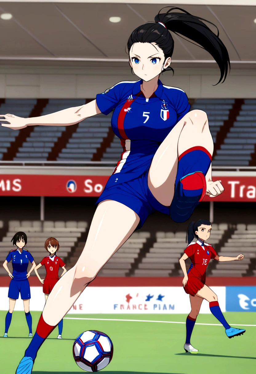 (anime,2D)Women,soccer player,clear skin,thin face ,blue eyes,black hair,long,fringe,collected in a ponytail ,standard height,big breasts,small waist,long legs,France national team uniform,on a court,kicking the ball