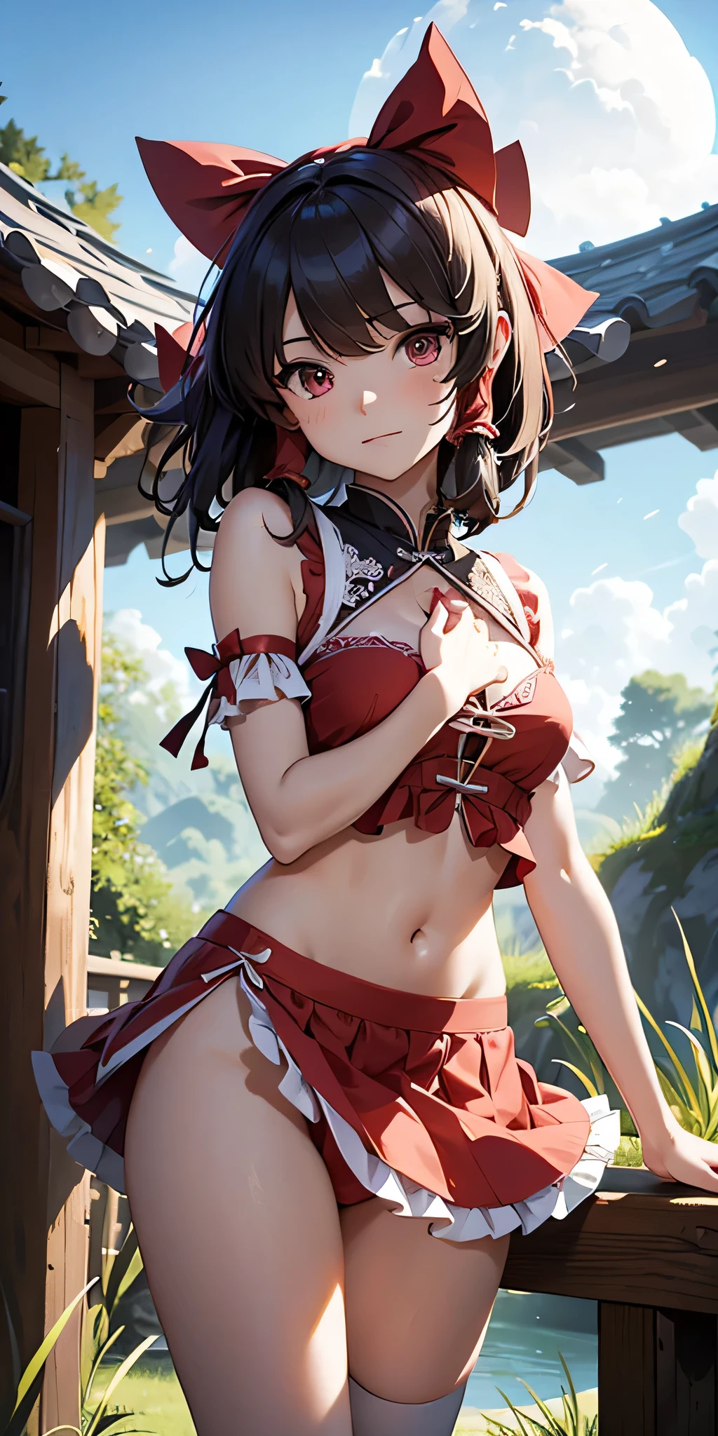 solo 1 girl view, TouHou Legend project, An adventure the young Reimu, which due to a curse has been transformed into Kedama, a little ball of hair, having to fight waves of enemies from an isometric perspective with both ranged attacks and hand-to-hand combat, being able to turn into different monsters, see underwear, 1% drees, sexy panties, random angle.,(all realistic intricate details)