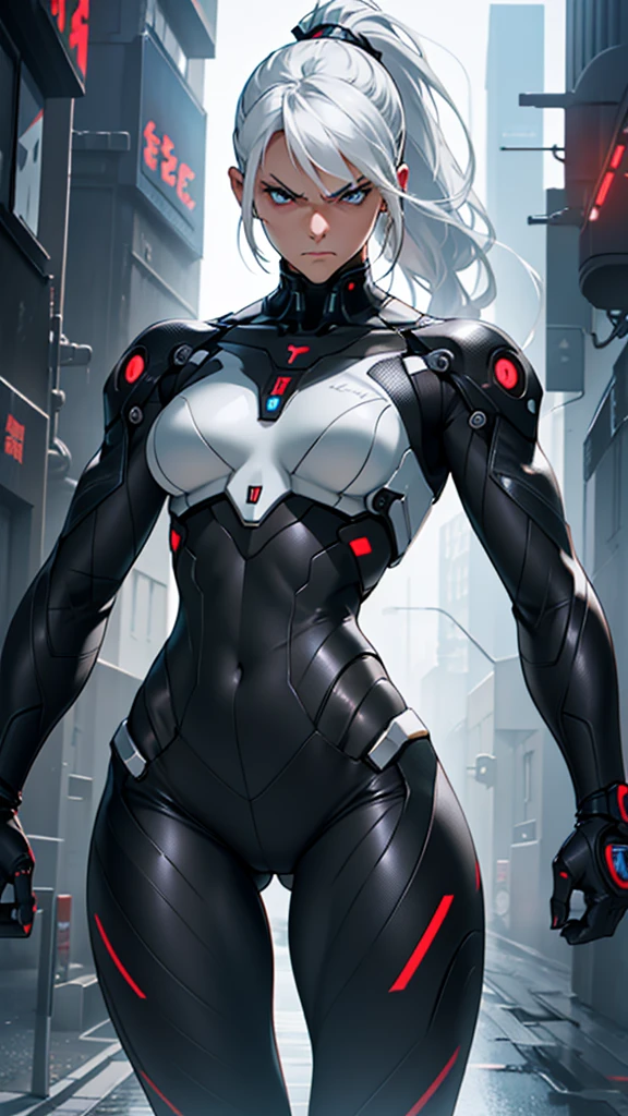 Beautiful cybernetic girl detailed muscles realistic masterpieces full figure pose (best quality,ultra-detailed), white hair in ponytail, fair skin, fit body, slim figure, narrow waist, (angry expression), black carbon fiber cybernetic mobile combat suit