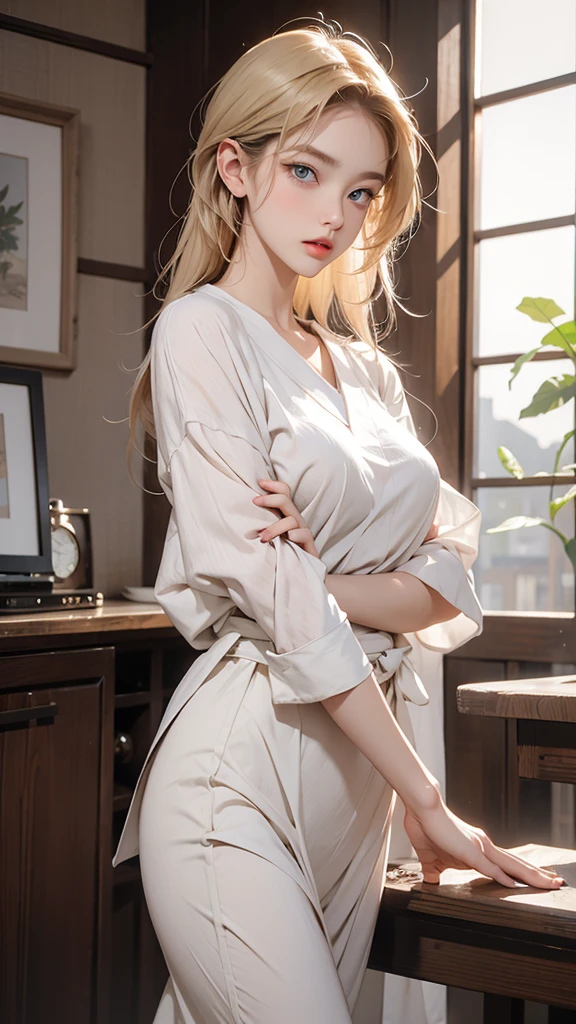 There is a stunning beauty. She is a half-French, half-Japanese woman of unparalleled beauty. Her face is incredibly beautiful, with striking blue eyes and gorgeous long, straight, blonde hair. Her facial expression is one of anger, with furrowed brows and puffed cheeks. She is dressed in a Japanese high , a sailor suit, with a white blouse as the top. The composition should only depict her from the chest up, not including anything from the waist down. She is facing straight ahead, crossing her arms in anger, appearing to be complaining towards us. The story is that she is in the middle of a verbal argument and she has a bad personality. The background is a school classroom. Please depict this