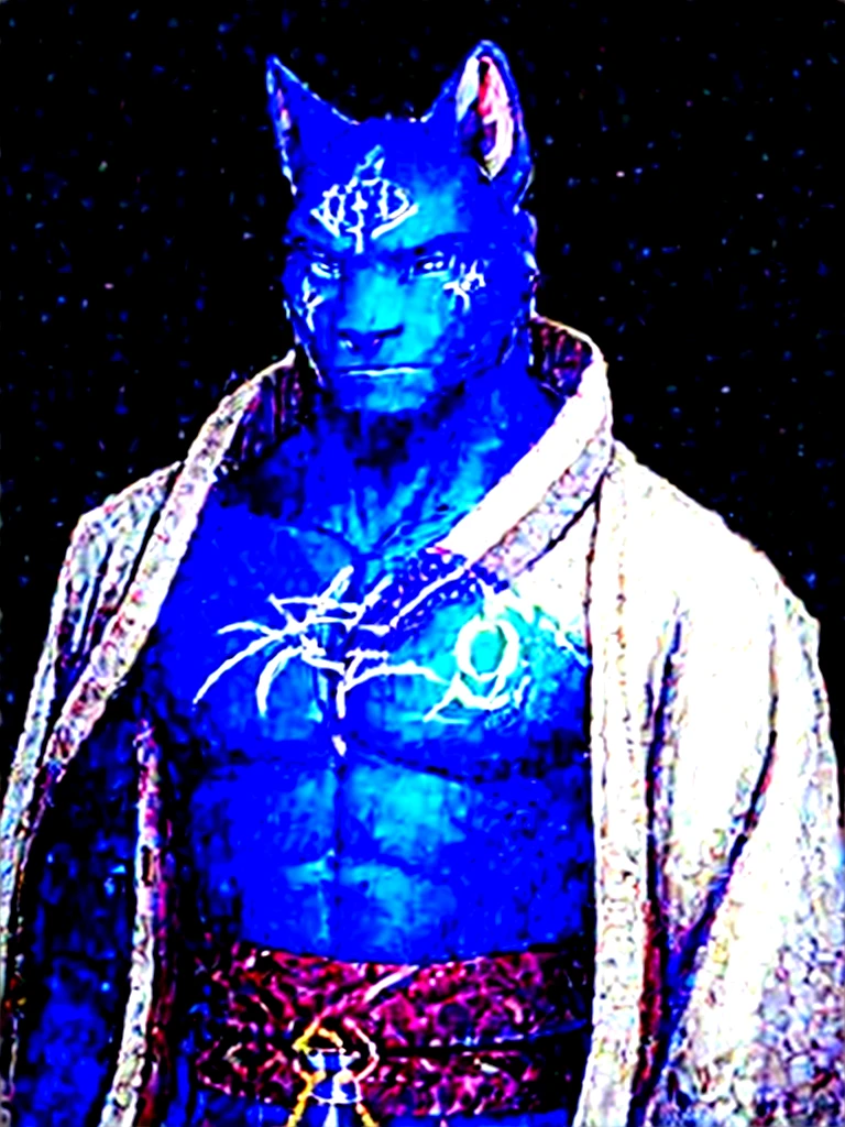 An anthropomorphic cat of (((white coat))) and has striking brown spots on his cheeks and a (((rune-shaped tatoo))) of bluish color on his left cheek. He wears a white (((Japanese kimono))) adorned with magical runes. In some parts your kimono mixes with parts of (((heavy armor))). His hands have red spots in his fingers, looking like he was put his hands in blood. He has a purple magic pouche with blue runes.