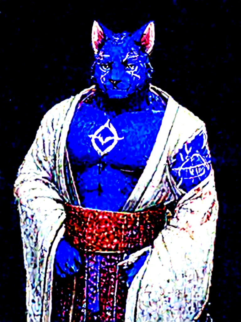 An anthropomorphic cat of (((white coat))) and has striking brown spots on his cheeks and a (((rune-shaped tatoo))) of bluish color on his left cheek. He wears a white (((Japanese kimono))) adorned with magical runes. In some parts your kimono mixes with parts of (((heavy armor))). His hands have red spots in his fingers, looking like he was put his hands in blood. He has a purple magic pouche with blue runes.