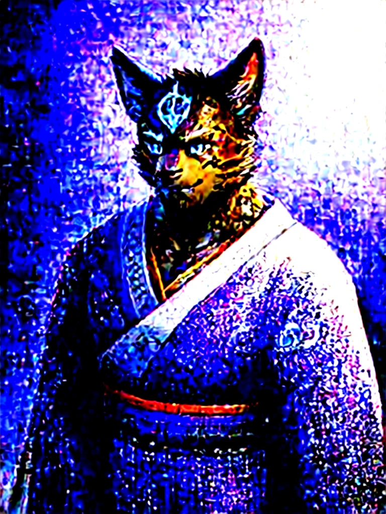 An anthropomorphic cat of (((white coat))) and has striking brown spots on his cheeks and a (((rune-shaped tatoo))) of bluish color on his left cheek. He wears a white (((Japanese kimono))) adorned with magical runes. In some parts your kimono mixes with parts of (((heavy armor))). His hands have red spots in his fingers, looking like he was put his hands in blood. He has a purple magic pouche with blue runes.